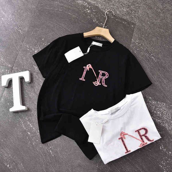 

2022 factory wholesale new summer wind heavy industry pin embroidery black and white women's simple casual loose t-shirt
