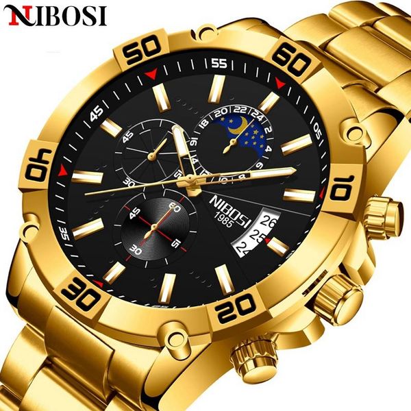 

wristwatches nibosi relogio masculino 2021 fashion mens watches gold wrist watch men all steel big dial waterproof quartz, Slivery;brown