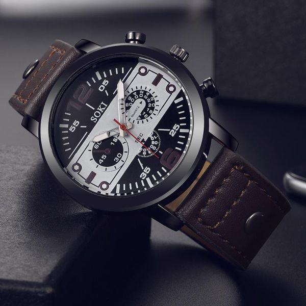 

wristwatches soki fashion casual men's watch leather strap quartz wrist watches men sport clock 3 eyes relojes para hombre gift, Slivery;brown