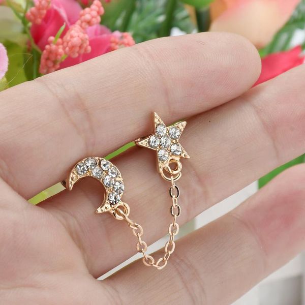 

stud 2pcs personality vintage two piercing one side chain crystal rhinestone moon star ear cuff for double hole earrings jewelry, Golden;silver