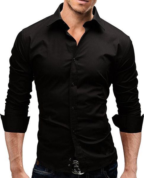 Marca 2021 Moda Camisa Masculina Longa mangas Tops Slim Casual Color Sólido Mens Vestido Camisas Men XXL Men's