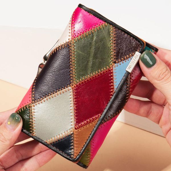 

card holders women shor purse vintage bag multi-card genuine leather wallet metal buckle stitching zipper coin, Brown;gray