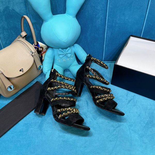 

2021 sandals and slippers mid-heel thick heel metal chain decoration open-toed half drag, Black