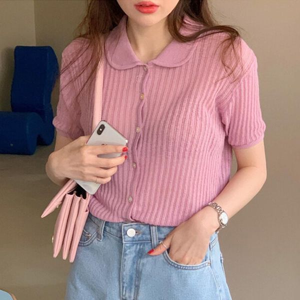 

women's knits & tees korea chic gentle pink and tender age-reducing doll collar single-breasted loose pit design short-sleeved sweater, White