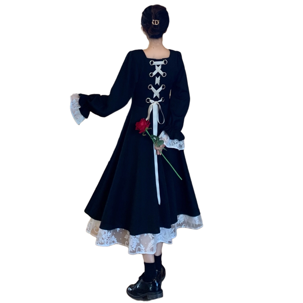 

casual dresses 2021 spring fall women vintage dress flare sleeves lace ruffles long ribbon up bandage elegant mesh edge sundress, Black;gray