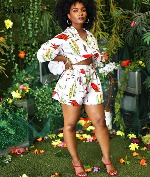 

women's tracksuits szkzk print two piece set for women night clubwear party half sleeve crop and wide leg shorts summer suits, Gray