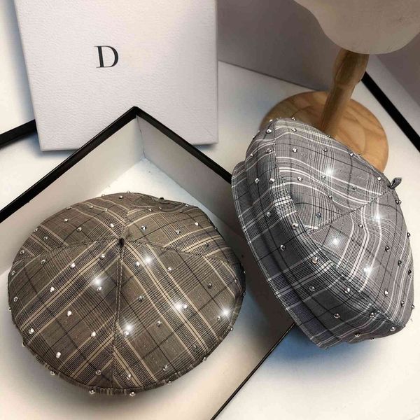 

autumn thin beret signature and designer fashion diamond bright lattice octagonal net red versatile artist hat girl, Blue;gray