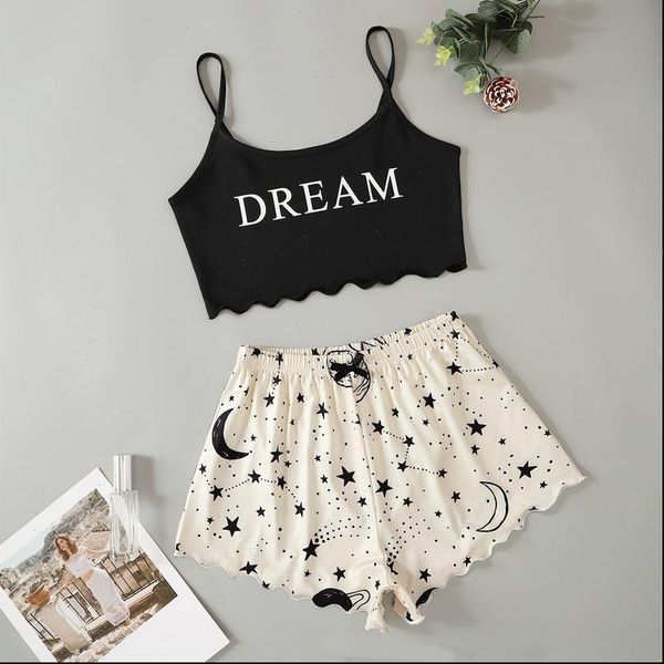 

home suit summer women sleepwear v neck pyjamas pijama femme spaghetti strap loose print lovely nightie, Black;red