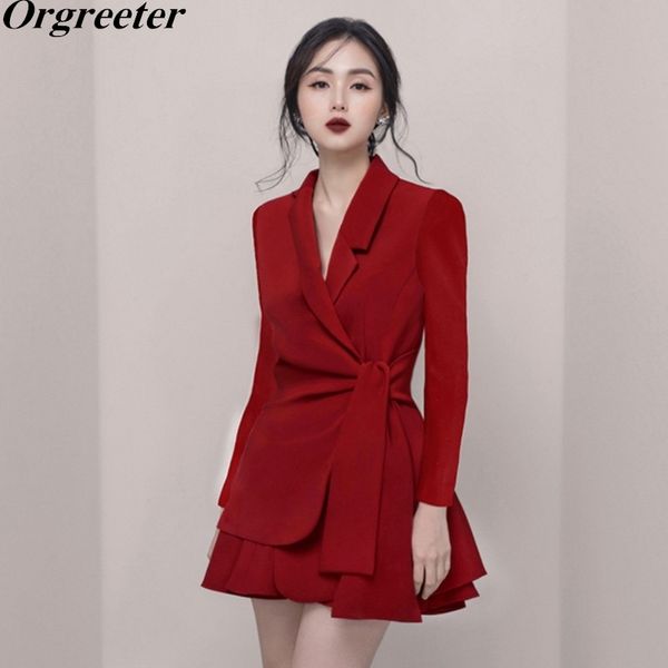

spring summer fashion coat and skirt suits women bow lace-up notched blazer jackets +mini two piece sets outfits 210525, White