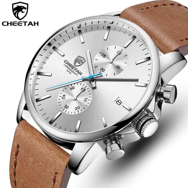 

cheetah mens watches luxury brand sport quartz watch men chronograph waterproof wristwatch leather date reloj hombre 210517, Slivery;brown
