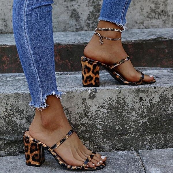 

leopard print peep toe slippers for women 2021 plus size thick heel ladies summer slipper fashion shoe sandals, Black