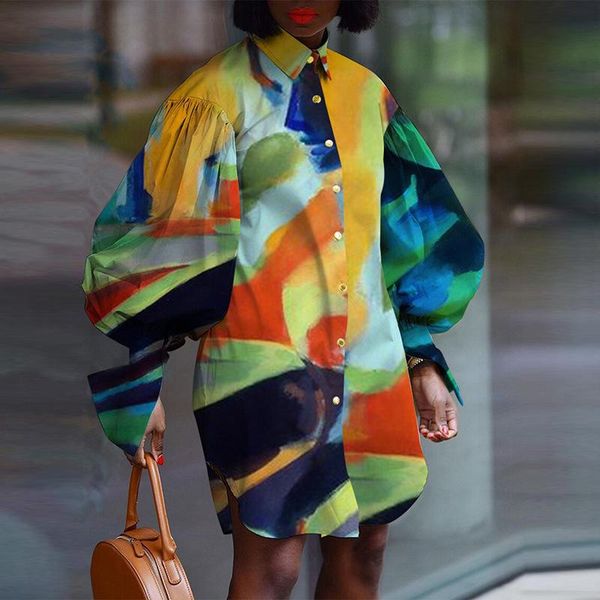 

casual dresses tie dye lantern sleeve shirt dress woman solid long party for women 2021 print autumn drop, Black;gray