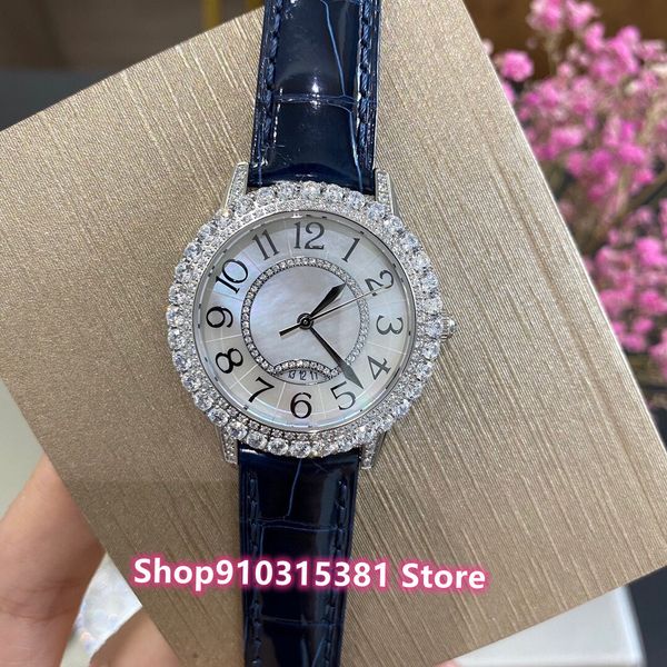 

classic women geometric mother of pearl quartz watches stainless steel number wristwatch female blue leather clock 34mm, Slivery;brown