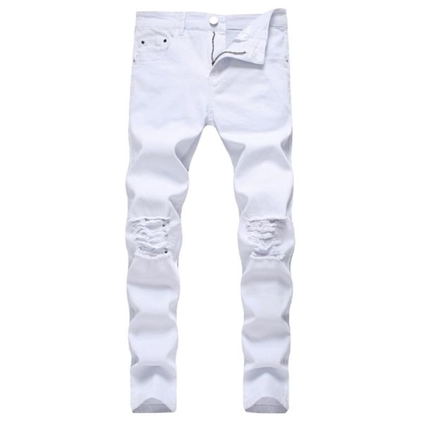 Sólido branco rasgado jeans homens clássico retro mens marca elástica calças elástico calças calças casuais fit cant 210715