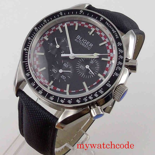 

watch men mechanical bliger automatic 40mm date week display black iron plate mineral glass stainless steel/leather band, Slivery;brown