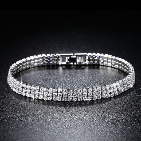 

three rows tennis full drills 2mm 4mm 925 sterling silver bracelet bangle for women 19cm jewelry, Golden;silver