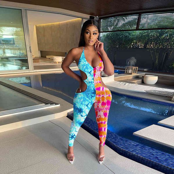 

ladies sleeveless neck hanging fashion backless two-color tie dyed suspender jumpsuit, White