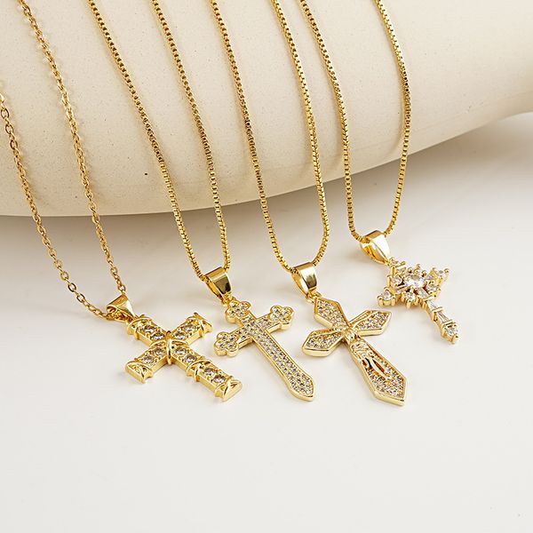 

cross necklace 18k gold zircon pendant sweater chain luxury advanced clavicle chain, Silver