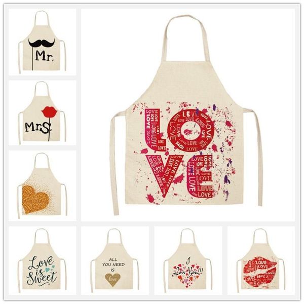 

heart pattern kitchen aprons woman men kids cotton linen bibs home cooking bbq apron cleaning baking accessory 53*65cm wql0114