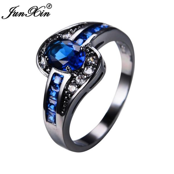 

wedding rings junxin unique jewelry blue oval zircon stone ring black gold filled engagement for women men rb0756, Slivery;golden