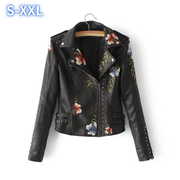 

women's jackets autumn flower embroidery rivet zipper pu leather jacket coat winter clothes women slim short, Black;brown