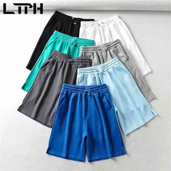 

ltph simple solid elastic drawstring sweatpants high waist casual gym cycling split wide leg five points pants summer 210423, Black;white