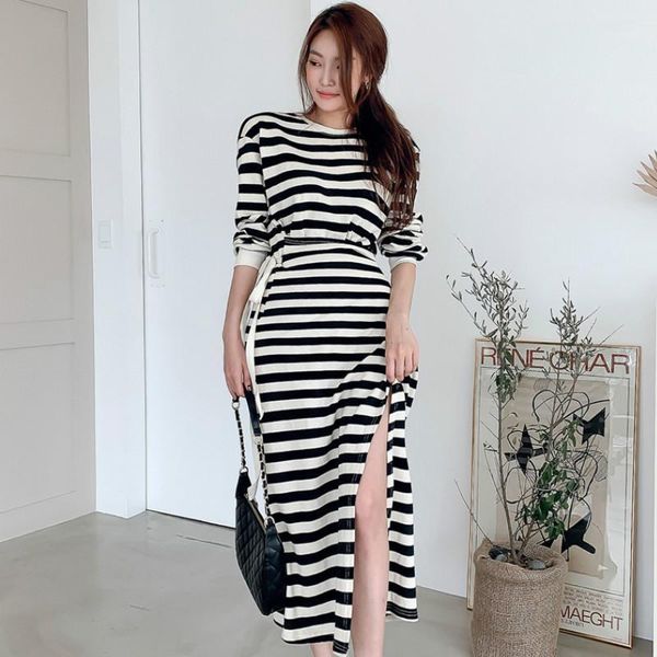 

casual dresses 2021 autumn long sleeved high waisted striped vestidos split maxi loose daily dress, Black;gray