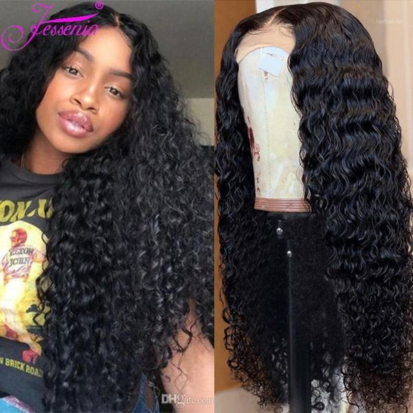

30inch deep wave wig 100% human hair lace frontal wigs 4x4 curly closure remy loose pre plucked 180% density1, Black;brown