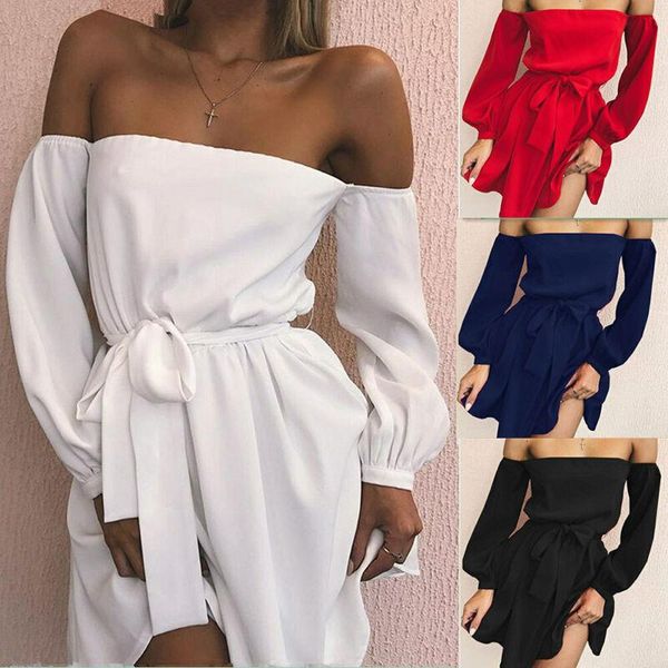 

off shoulder vintage dress women beach evening party dresses ladies summer fashing mini white clothes casual, Black;gray