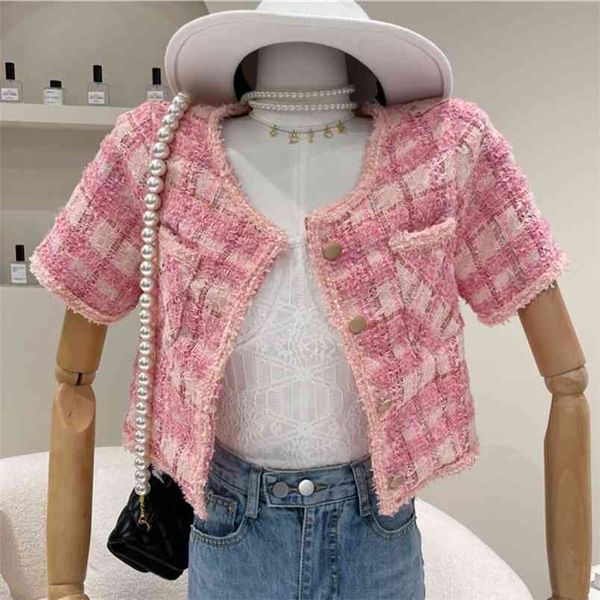 

short sleeve thin plaid tweed jacket women crop summer korean style vintage o-neck woolen coat ladies outwear 210514, Black;brown