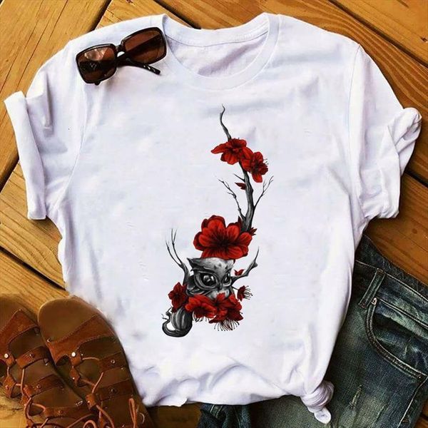

rose print harajuku summer womens t shirts short sleeve casual clothing tee femme, White