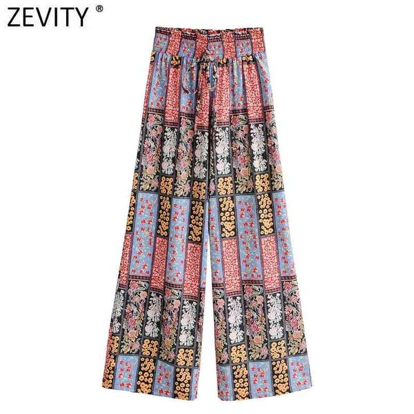 

zevity women vintage cloth patchwork print wide leg pants holiday wind female chic elastic waist casual long trousers p983 210419, Black;white