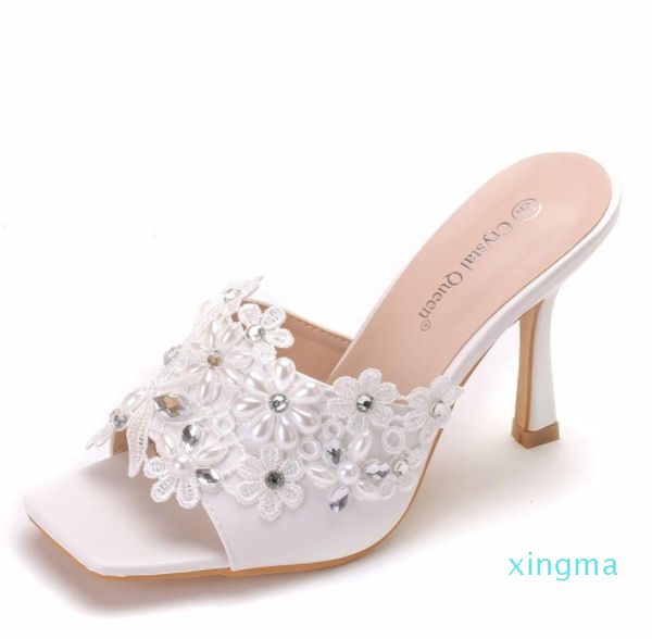 

sandals 2021 summer square toe slippers stiletto lace female sandals large size banquet dress bride bridesmaid wedding shoes 9ygc, Black