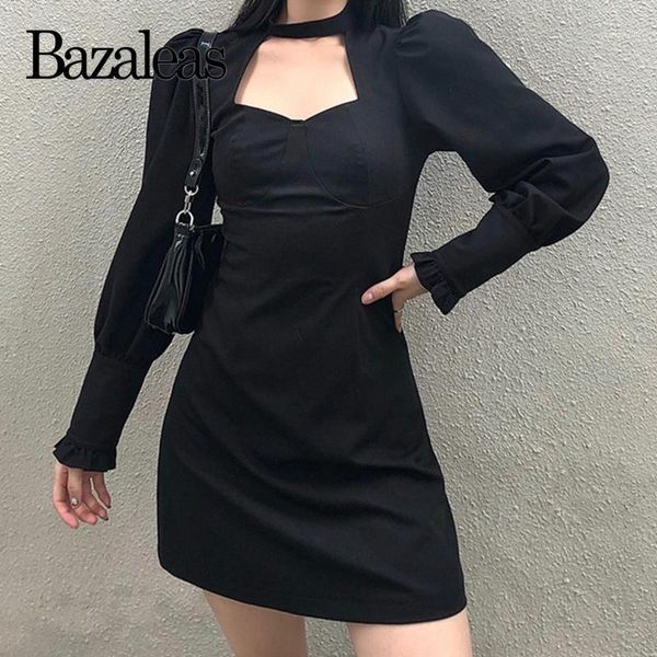 

casual dresses bazaleas black sheath vestidos retro choker slim long sleeve dress vintage mini women, Black;gray