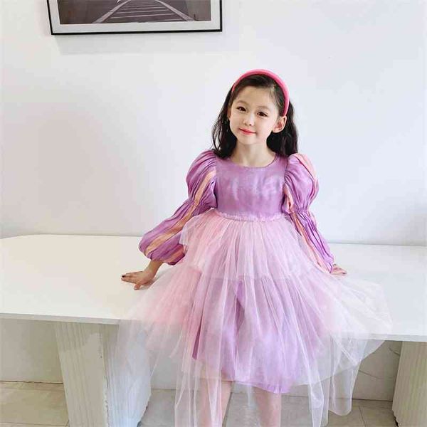 

girl princess dress 2021 autumn new children's net red long sleeve purple screen puffy cake skirt, Red;yellow