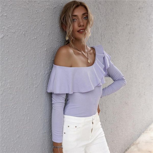 

women's off-shoulder shirt solid ruffled shoulder long sleeve blouse irregular slim fitting blouses autumn ladies & shirts, White