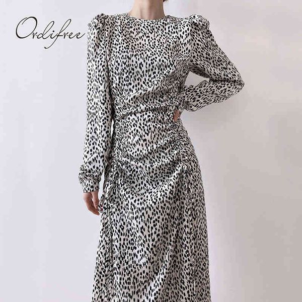 

summer vintage women satin long sleeve leopard print silk midi dress 210415, Black;gray