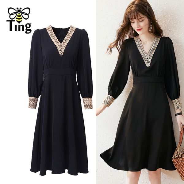 

vintage elegant embroidery v neck women casual black a line dress lady office work vestidos plus size 2xl 210513, Black;gray