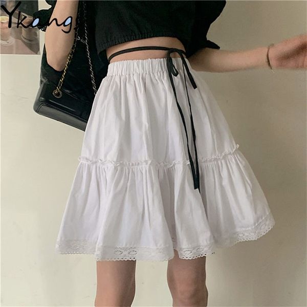 

vintage ruffles lace mini skirt women white high waist pleated harajuku korean gothic clothes short s streetwear 210421, Black