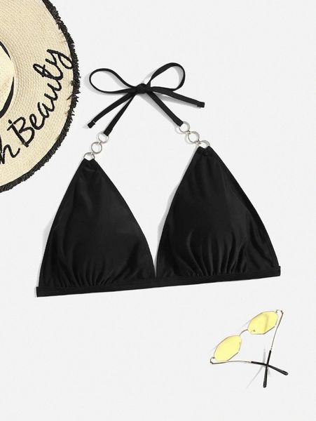 

plus ring linked halter triangle bikini k28a#, Black