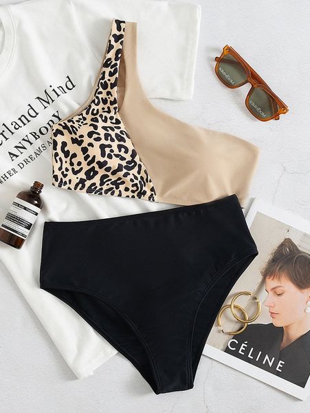 

colorblock one shoulder high waisted bikini swimsuit x1j3#, White;black