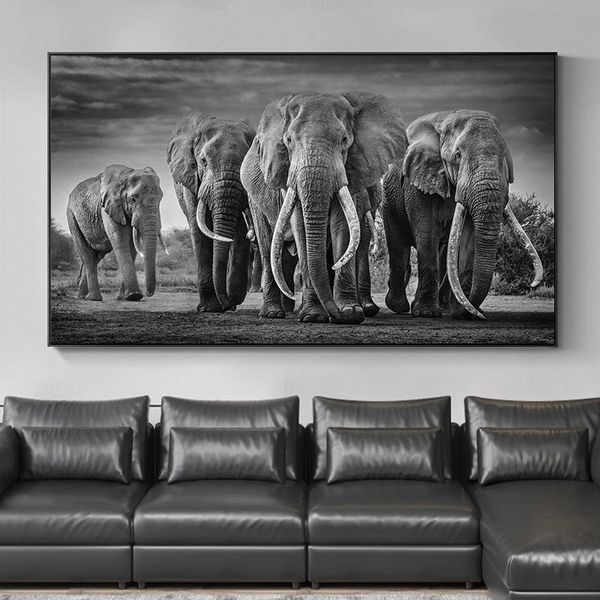 Preto Elefantes Africanos Animais Selvagens Pintura de Lona Escandinávia Pôsteres e Impressões Cuadros Wall Art Fotos para a sala de estar