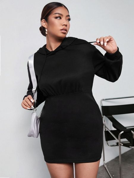 

plus solid hoodie dress o3ho#, Black