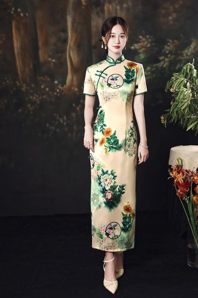 

ethnic clothing fzslcyiyi flower printed chinese traditional short sleeve women mandarin collar cheongsam elegant slim satin qipao oversize, Red