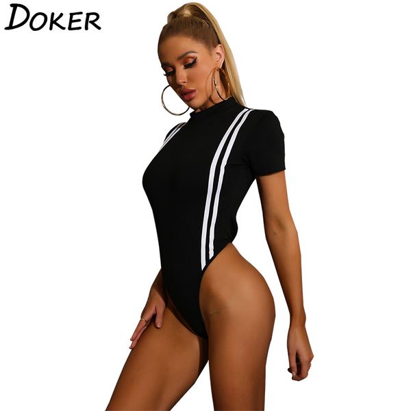 

striped women bodysuits leisure half-high collar skinny office lady commute short sleeve jumpsuit overalls 210423, Black;white