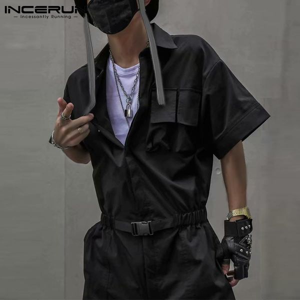 

men's pants incerun 2021 japanese style dungaree romper pant retro fashion cargo simple solid color casual multi pocket jumpsuit s-5xl, Black