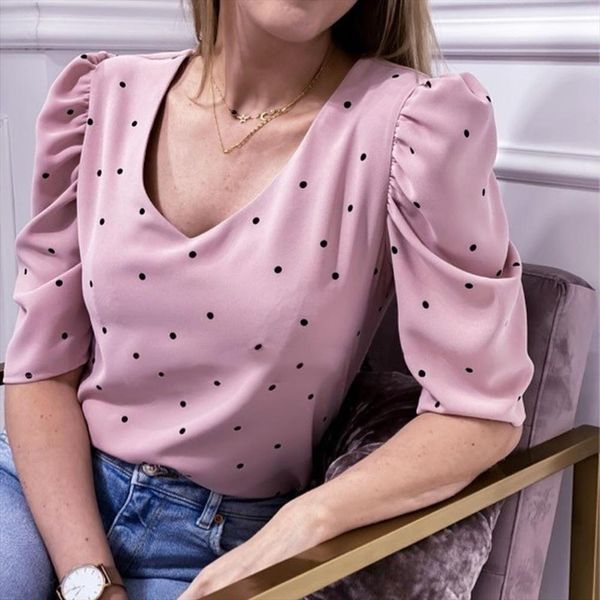 

work office dot women blouses print casual puff sleeve femmes blusas mujer, White
