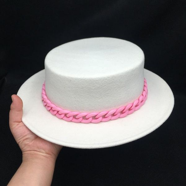 

stingy brim hats 2021 fedora hat retro wool felt women european punk chain novelty flat men cap street fashion with wild trend, Blue;gray