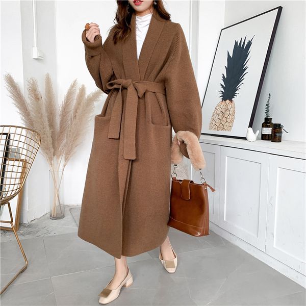 

luxury women's short coatpajama lace up thickened sweater cardigan coat women's long alpaca knitting lazy style, Black;brown