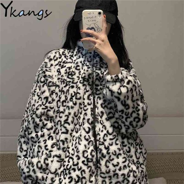 Winter Faux Fur Leopard Imprimir Casaco Casaco Harajuku Moda Solta Quente Hip-Hop Streetwear Engrossar Outrowear 210421